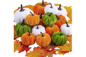 Fovths 15 Pack Artificial Pumpkins Set Velvet Pumpkins Fall Harvest Decoration Pumpkins Including 50 Pieces Artificial Maple Leaves for Halloween, Thanksgiving, Theme Party Supplies