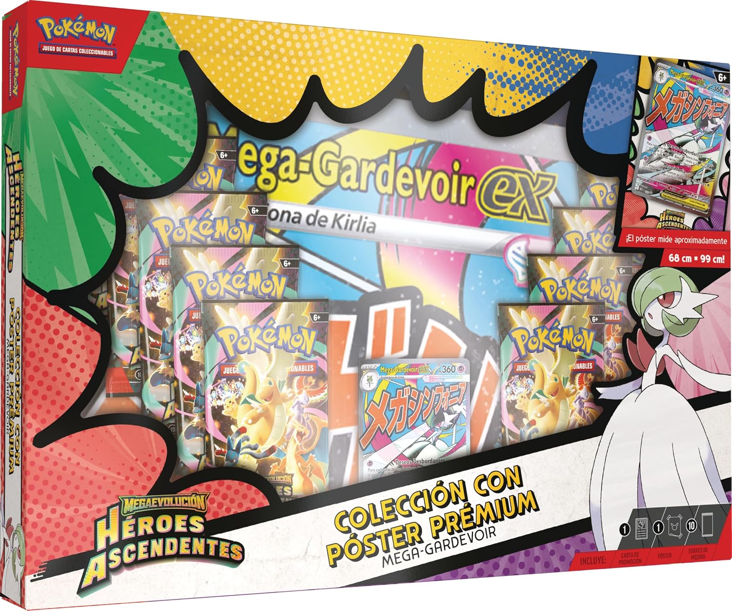 Pokémon: Colección con póster prémium Mega-Gardevoir de Megaevolución-Héroes Ascendentes (1 Carta holográfica de promoción, 1 póster Impreso por ambas Caras y 10 Sobres de Mejora)