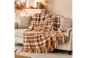 Lanpn Koc z frędzlami, miękki akrylowy koc w kratę, puszysty koc do mieszkania na sofę/kanapkę/łóżko, lekka całoroczna narzuta na sofę, oddychająca płachta z kratką (Kaki, 130x150cm)