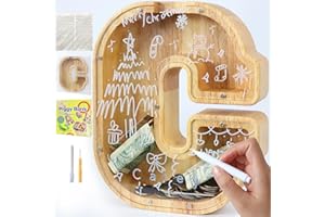 Mikytoper Letter Money Box for Kids Large Wooden Personalized A-Z Piggy Bank Clear Alphabet Money Bank Coin Bank for Gift Decoration Baptism (C)