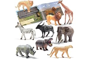 Prextex Realistyczne figurki zwierząt Safari, 9 dużych plastikowych zabawek z zoo, zwierzęta dla dzieci, dżungla, zoo, las i dzikie zwierzęta, zabawki z edukacyjną książką o zwierzętach, świetny prezent na przyjęcie urodzinowe