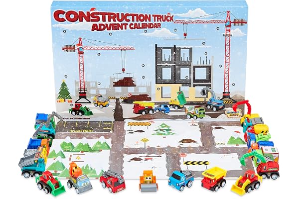 KreativeKraft Calendrier de l'Avent 2025 Garçon Calendrier Compte à Rebours Noel avec 24 Jouets Petites Voitures Camions (Construction Trucks)
