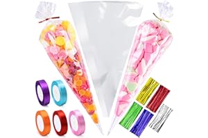 CELLOMANIA 14x26cm Sweet Cone Bags with Twist Ties and Ribbons, 100Pcs Cellophane Crystal Clear Sweet bags, Triangle Sweet Party Cones Bags Perfect for Halloween, Christmas, Candies and many more
