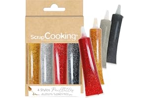 ScrapCooking - 4 Stylos Pailletés - Stylos Alimentaires Doré, Argenté, Rouge & Noir - Crayons Pâtisserie - Colorants Comestibles - Noël, Anniversaire - Écrire & Dessiner sur Gâteaux & Biscuits - 7073