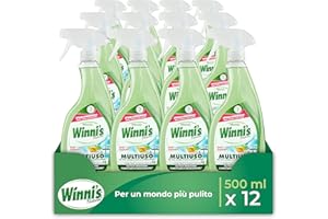 Winni's - Detergente Spray Multiuso Ipoallergenico, Azione Pulente su Vetri, Specchi e Superfici Lavabili, Senza Risciacquo, con Materie Prime di Origine Vegetale, 500 ml x 12 Confezioni