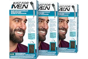 Just For Men Teinture Barbe Châtain Foncé, Coloration Moustache Et Barbe Homme, Élimine Les Poils Blancs Pour Un Résultat Plus Épais, Avec un Pinceau Applicateur, Rapide et Facile, M45, Lot de 3