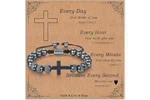 ilasif Stainless Steel Bead Woven Bracelet for Men, Cross Bracelet with 8mm Hematite for Boys Son Husband Christian Gifts for Holy Communion Baptism Confirmation Birthday Christmas
