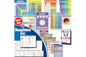 LOGIJO® 12 X pädagogische Montessori Mathe Lernposter, Set A4 mit Übungsblättern, Premium Poster Papier seidenmatt, Zahlen lernen 1x1 Einmaleins, Grundrechenarten, Lernhilfe für Kinder zur Einschulung