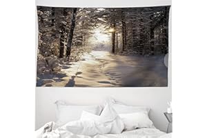 ABAKUHAUS Winter Wandteppich und Tagesdecke, Weihnachten Schnee Wald aus Weiches Mikrofaser Stoff Waschbar ohne Verblassen Digitaldruck, 230 x 140 cm, Hellgelb Braun