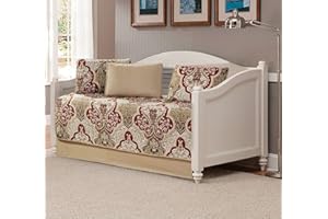 Kids Zone Home Linen 5 Piece Daybed Quilted Bedspread Set Damask Pattern Taupe Burgundy Brown
