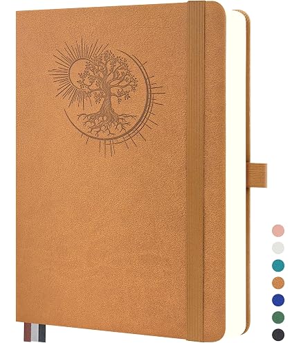 Cuaderno A4 Forrado Qefuna – Bullet Journal De 360 Páginas, Papel 100gsm, Tapa Dura PU (Marrón) Con Marcapáginas Y Portalápices