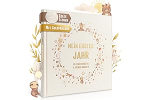 EULENTALER® Das Babyalbum mein erstes Jahr "BOHO" I Von Pädagogen gestaltet I Mit handgemalten süßen Illustrationen I Echtes Leinencover + Goldprägung I Babytagebuch für Jungs & Mädchen zur Geburt
