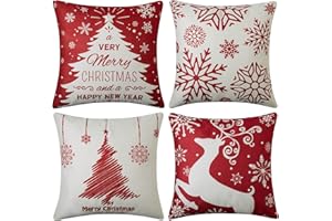 LuxFocus świąteczne dekoracyjne poszewki na poduszki, 4-pak, do wystroju domu, lniane, z motywem płatka śniegu, renifera, choinki, na sofę, do salonu, na łóżko, 45 x 45 cm