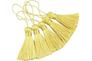 Makhry 20pcs 4.3 Inch Handmade Silky Floss Mini Tiny Craft Tassels with 2-Inch Cord Loop and Small Chinese Knot for Earrings, Souvenir, Bookmarks, DIY Craft Accessory,Tags (Light Gold)