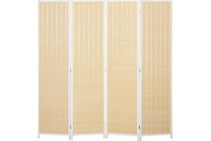 HOMCOM Biombo de 4 Paneles Plegable 180x180 cm Separador de Ambientes Divisor de Habitación Tejido a Mano de Bambú e Hilo de Algodón Decoración Elegante para Salón Blanco