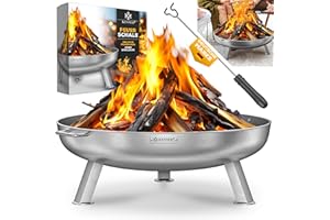 KESSER® Brasero en acier inoxydable 2,5 mm d'épaisseur Diamètre : 80 cm 42 cm Crochet en fonte 2 poignées solides Pour feu de camp, jardin et terrasse