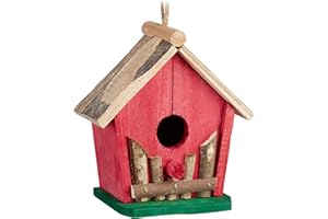 Relaxdays Casetta per Uccelli, Mangiatoia, da Appendere, Balcone e Giardino, Legno, Decor, HLP 18x17x11 cm, Rosso/Verde