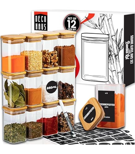 Comforder Kruidenpotjes Set Bamboe(25 stuks), Kruiden Organiseren met Labels, Kruidenstrooier en Trechter, Vierkante Kruidenpotjes met Bamboe Deksel, 120ml