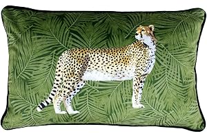 Riva Paoletti Cheetah skog kuddöverdrag – grön – palmbladdesign – sammetskänsla tyg – pipade kanter – maskintvättbar – 100% p