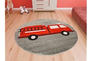 ‎AKCILA AKCILA Lima runden Kinder Teppich Feuerwehrauto Grau|Rot 120 cm|Kinderzimmer Kurzflor Teppiche | Kinderteppich Jungen |Kids Carpet | Spielteppich Kinder | Babyzimmer Tepich | Wohnzimmer|Schlafzimmer