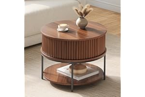 ‎YITAHOME YITAHOME Couchtisch Rund, Couchtisch mit 2-stufigem Stauraum, Couchtische mit Schiebetüren im Tambour-Design für das Wohnzimmer, Couchtische aus Holz, Walnuss