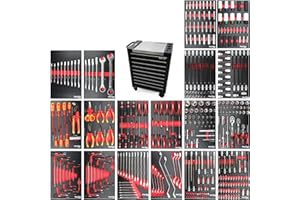 ‎MEPHISTO Mephisto ProLine 'Full Black' Werkstattwagen mit 9 Schubladen Davon 9 mit Werkzeug wie Schraubenschlüssel, Ratsche mit Nusskasten, Schraubendreher, VDE in Soft Inlays in Carbonoptik befüllt