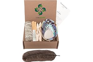 SARIMOIRE Sage Kit - Blue Sage Smudge Stick ~ Abalone Shell for Smudging ~ Palo Santo Sticks ~ 2 inchTripod Stand ~ 8 inch Feather and White Sand
