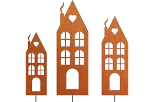 JYUECIAN Häuser Gartenstecker 3er Rost Deko für Garten, Edelrost Metall Haus Roststecker Rostdeko Gartendeko für Draußen