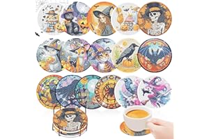SUNXBUK 16 Pezzi Sottobicchieri Diamante con Supporto per Halloween,Sottobicchieri Diamond Painting,Fai Da Te Diamante Arte Coasters per Adulti e Bambini, Principianti,per Tazze,Casa