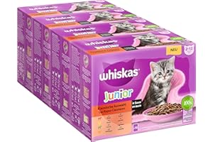 Whiskas Junior Katzennassfutter Klassische Auswahl in Sauce, 48 Portionsbeutel, 12x85g (4er Pack) – Hochwertiges Katzenfutter nass, für heranwachsende Katzen von 2 bis 12 Monaten