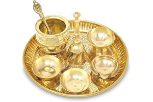 BENGALEN Brass Pooja Thali Set Small 6 Inch Puja Thali with Pital Plate Chandan Wati Kalash Kuber Diya Ghanti Palli Arti Thali for Diwali Home Office Mandir Wedding Return Gift Items
