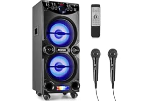 Fenton LIVE2104 - Enceinte de Soirée à LED, Idéale pour Karaoké, 400 Watts, LEDs Intégrées, SD/USB et Technologie Bluetooth, Écran de Lecture LCD, Télécommande et Deux Microphones
