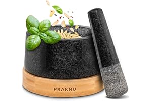 Praknu Mortier Pilon Cuisine en Granit 15 cm – Pilon Extra Long & Base Élégante en Bois FSC® – Parfait pour Épices, Herbes ou Noix – Facile à Nettoyer – Grand