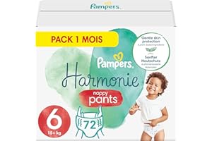 Pampers Couches-Culottes Taille 6 (15+ kg), Harmonie, 72 Couches-Culottes Bébé, Multi Pack, 0% de compromis, 100% d'absorption, Ingrédients d'origine végétale, Hypoallergéniques