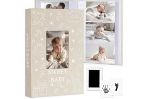 EARLY MINDS Baby Photo Album 6x4 300 Pockets with Memo Area & Hand and Footprint Kit, Linen Cover Slip-in Memory Book with Front Window, Acid-Free Keepsake for Newborn Boy Girl, First Year Moments
