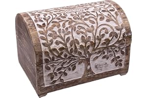 Kunstversteck - Treasure Chest Robust Wooden Treasure Chest "Tree of Life", 28 x 20 x 19 cm, Solid Mango Wood, White Wash, Handmade