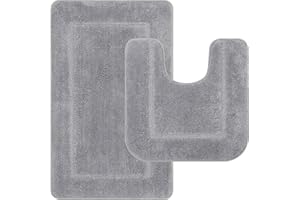 Pauwer Microfibre Set de Tapis Toilette Antidérapant Absorbants Lavable Tapis de Bain et Contour WC ，Grey, 53 x 86 cm+50 x 50 cm