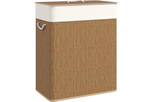 HOMCOM Cesto de Ropa Sucia con Tapa 100L Cesta Colada de Bambú con 2 Compartimentos Bolsa Interior Extraíble para Lavandería Dormitorio 52x32x63 cm Marrón