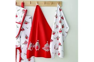 Catherine Lansfield Dining Christmas Robins Cotton 50x70 cm Tea Towels Pair White Red