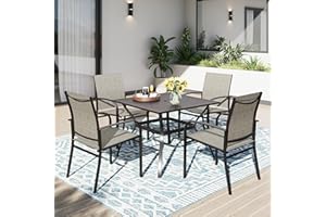 PHI VILLA 5-Teiliges Gartentisch und Stühle Gartenmöbel für 4 Personen Terrassenmöbel mit 4 x Braune Textilene-Esszimmerstühle 94cm Quadratischer Gartentisch für Balkon,Deck,Hof