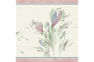 Dundee Deco DDAZBD9022 Peel and Stick Wallpaper Border - Floral Blue, Green, Sepia Meadow Bouquet Wall Border Retro Design, 15 ft x 7 in (4.57m x 17.78cm), Self Adhesive