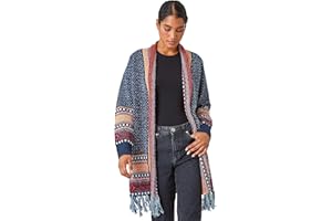 Roman Originals Women Aztec Print Cardigan - Ladies Longline Tassel Open Front Cardi Winter Autumn Casual Textured Edge to Edge Yarn Nordic Patterned Comfy Work Going Out