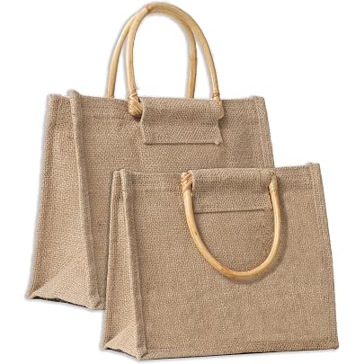 Borsa In Juta Naturale Xiang Con Manici In Bambù - Tote Bag Shopping Riutilizzabile E Impermeabile