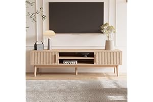 KeepGoon Mueble de TV 150 x 40 x 48 cm, mueble de TV bajo, patas de madera maciza, armario de salón con 2 puertas con patrón vertical, 2 estantes de almacenamiento, color madera, para sala de estar