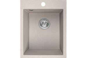 Manestein Spülbecken, Küchenspüle aus Granit, Einbauspüle, Einzelbecken mit Siphon, Fleckenbeständig und Pflegeleicht, 80% Quarzsand, 1 Becken, 48 x 39 cm, Beige Gesprenkelt