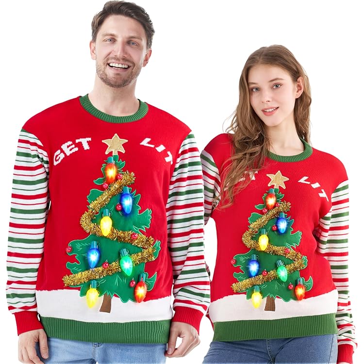 Pull De Noël Laid Enfant Avec Lumières LED – Motif Sapin – Taille S à L – 3 Modes D’Éclairage – Cadeau Festif