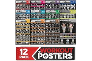 GRAND BASICS Laminiertes großes Workout-Poster-Set – perfekte Workout-Poster für das Fitnessstudio zu Hause – inkl.Übungstabellen, 12er-Set Hantel-, Yoga-Posen, Widerstandsband-, Kugelhantel-, Stretching- usw.