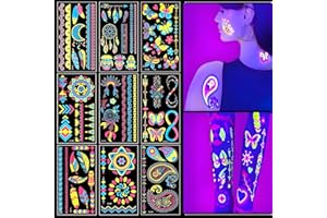 GOEDEKE 9PCS Neon Temporary Tattoos, 200+ Multiple Unique Designs Glow in the Dark Temporary Tattoos for Women,UV Neon Waterproof Fake Tattoo Stickers Rave Festival Accessories for Women Girls Party Supplies