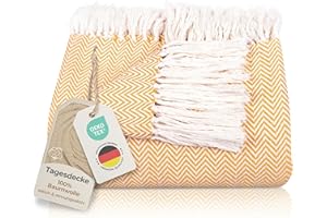 Gräfenstayn Narzuta klasy premium z frędzlami, XXL, 100% bawełna, wzór w jodełkę, koc, na lato, na łóżko, na kanapę, na sofę, 220 x 240 cm, żółta