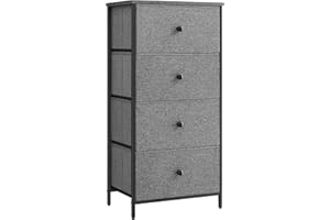 SONGMICS Chest of Drawers Bedroom, Drawer Storage Unit, Dresser with 4 Fabric Drawers, Metal Frame, Tall and Slim, for Closet, Classic Grey and Classic Black LTS314G22